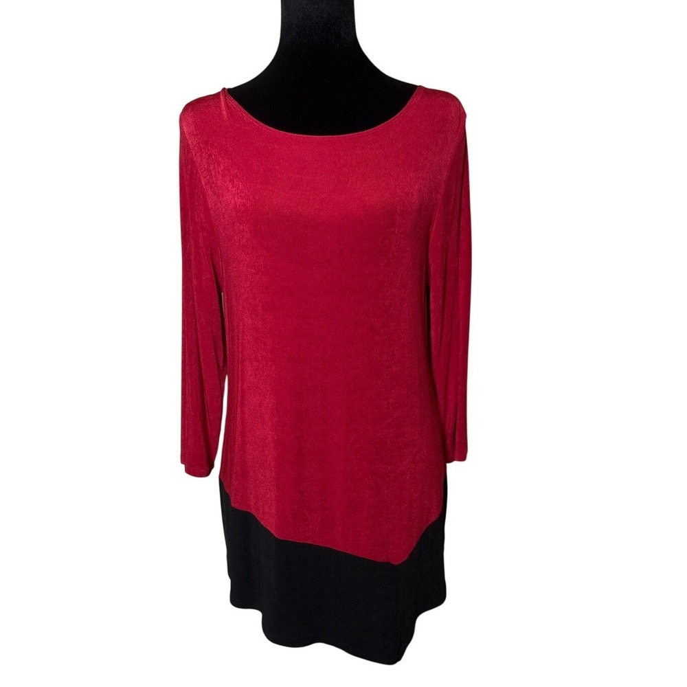 Travelers by Chico's Red Black Colorblock Asymmetrical Tunic Top Size 1 Medium